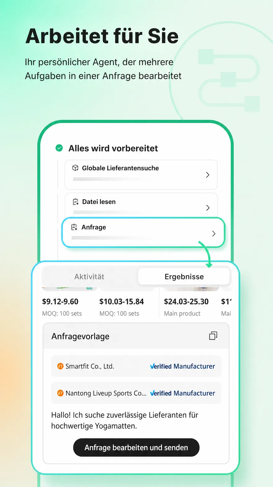 Accio Agent sucht Lieferanten und bereitet Anfragen vor