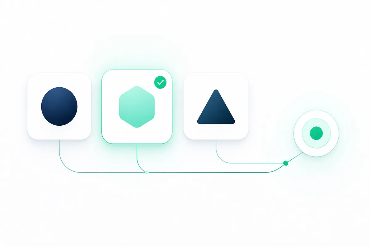 Three abstract AI agent tiles with the best-fit one highlighted, lines leading to a target